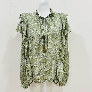 Zara Blouse Womens Green Paisley Floral Ruffle Size M NWT